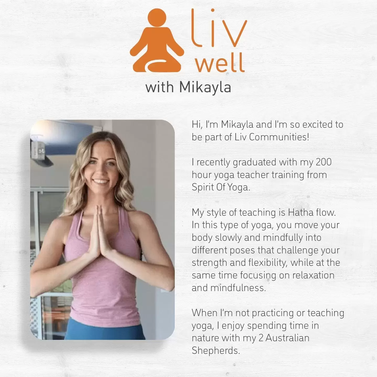 Did you hear the great news?! Yoga is back! 👏

Meet our newest Yoga instructor Mikayla, and join her every Tuesday at 6:30pm to relax and unwind your mind and body! 
.
.
.
#LivWell #LivConnected #LivFit #Yoga